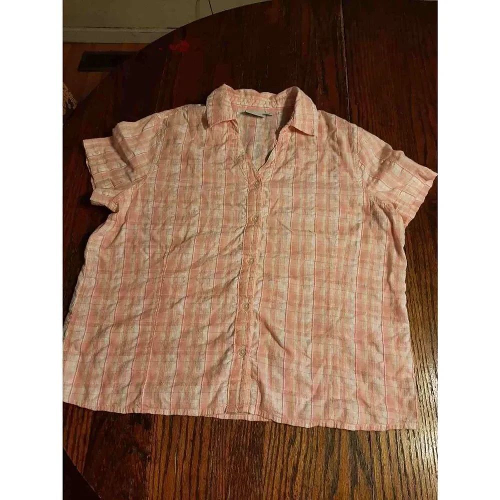 Large Sonoma Lifestyle Pink White Plaid Short Sleeve Button Up Shirt Top Blouse